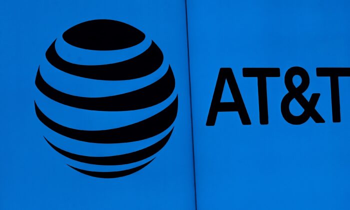 The AT&T logo outside of AT&T corporate headquarters in Dallas, on March 13, 2020. (Ronald Martinez/Getty Images)