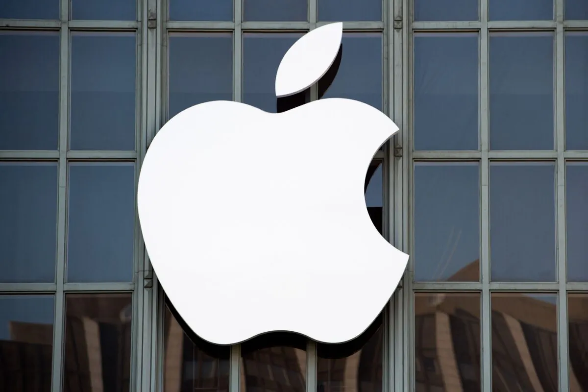 The Apple logo on the outside of Bill Graham Civic Auditorium, before the start of an event in San Francisco, on Sept. 7, 2016. (Josh Edelson/AFP via Getty Images)