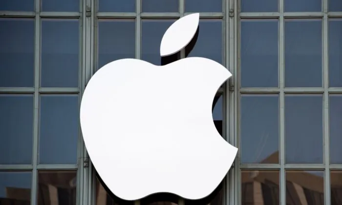 The Apple logo on the outside of Bill Graham Civic Auditorium, before the start of an event in San Francisco, on Sept. 7, 2016. (Josh Edelson/AFP via Getty Images)