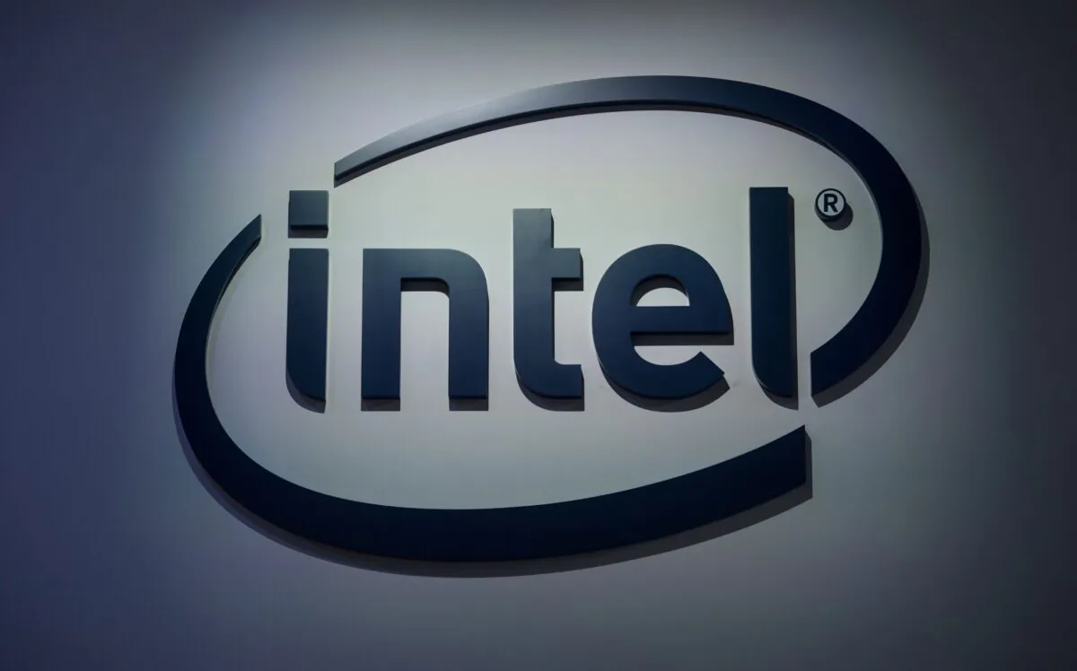 An Intel logo hangs from a beam during the Mobile World Congress in Barcelona, Spain, on March 1, 2017. (Josep Lago/AFP via Getty Images)