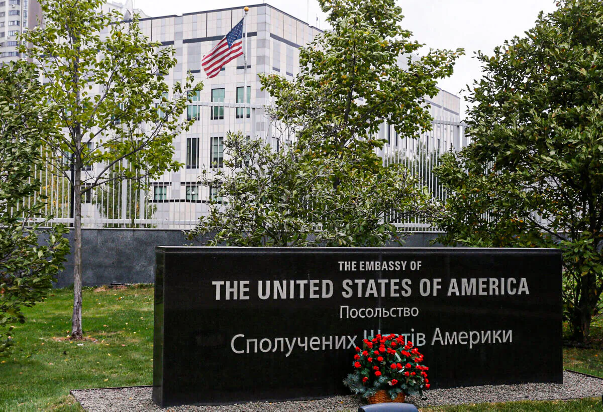 The U.S. Embassy in Kyiv, Ukraine, on Oct. 1, 2020. (Gleb Garanich/Reuters)