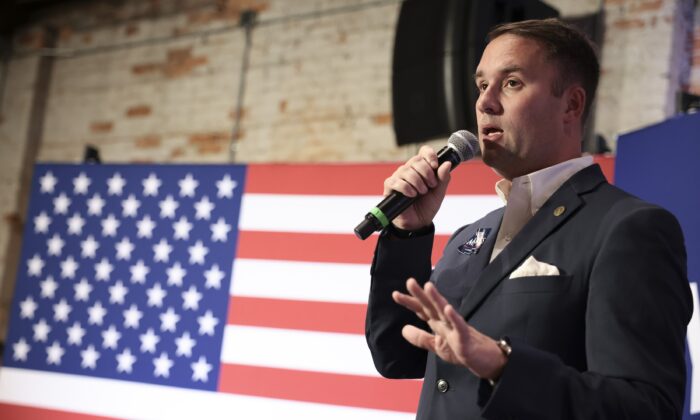 Jason Miyares, who later won the election for Virginia attorney general and has been sworn into office, speaks at a rally in a file photograph. (Anna Moneymaker/Getty Images)