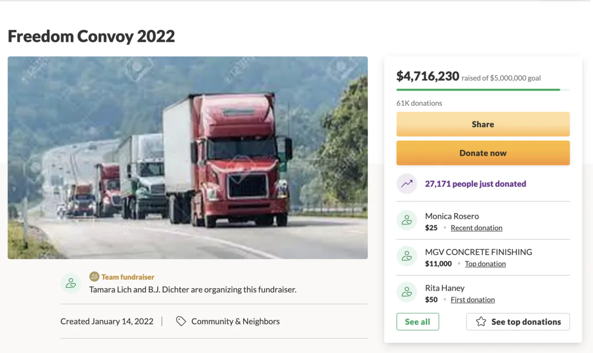 Screenshot of the fundraiser page for the "Freedom Convoy" on GoFundMe. Truck drivers are gathering in Ottawa on Jan. 29, 2021, to protest the federal COVID-19 vaccine mandate for cross-border truckers that took effect Jan. 15, 2021. (Courtesy of GoFundMe.com/taking-back-our-freedom-convoy-2022/Screenshot via The Epoch Times)