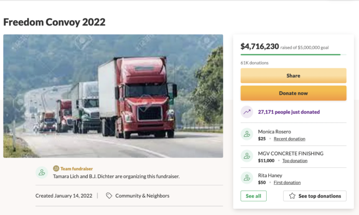 Screenshot of the fundraiser page for the "Freedom Convoy" on GoFundMe. Truck drivers are gathering in Ottawa on Jan. 29, 2021, to protest the federal COVID-19 vaccine mandate for cross-border truckers that took effect Jan. 15, 2021. (Courtesy of GoFundMe.com/taking-back-our-freedom-convoy-2022/Screenshot via The Epoch Times)