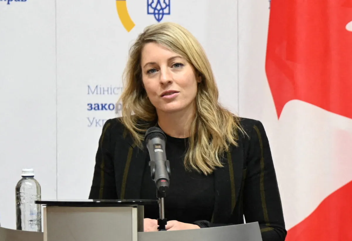 Canadian Foreign Minister Melanie Joly attends a joint news conference in Kyiv, Ukraine, on Jan. 18, 2022. (Ukrainian Foreign Ministry/Reuters)