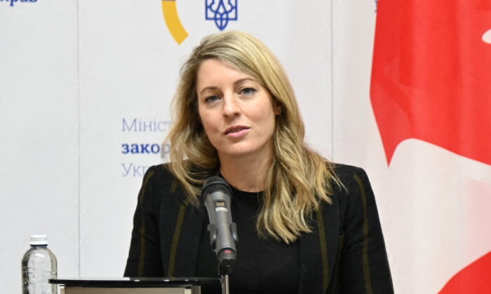 Canadian Foreign Minister Melanie Joly attends a joint news conference in Kyiv, Ukraine, on Jan. 18, 2022. (Ukrainian Foreign Ministry/Reuters)