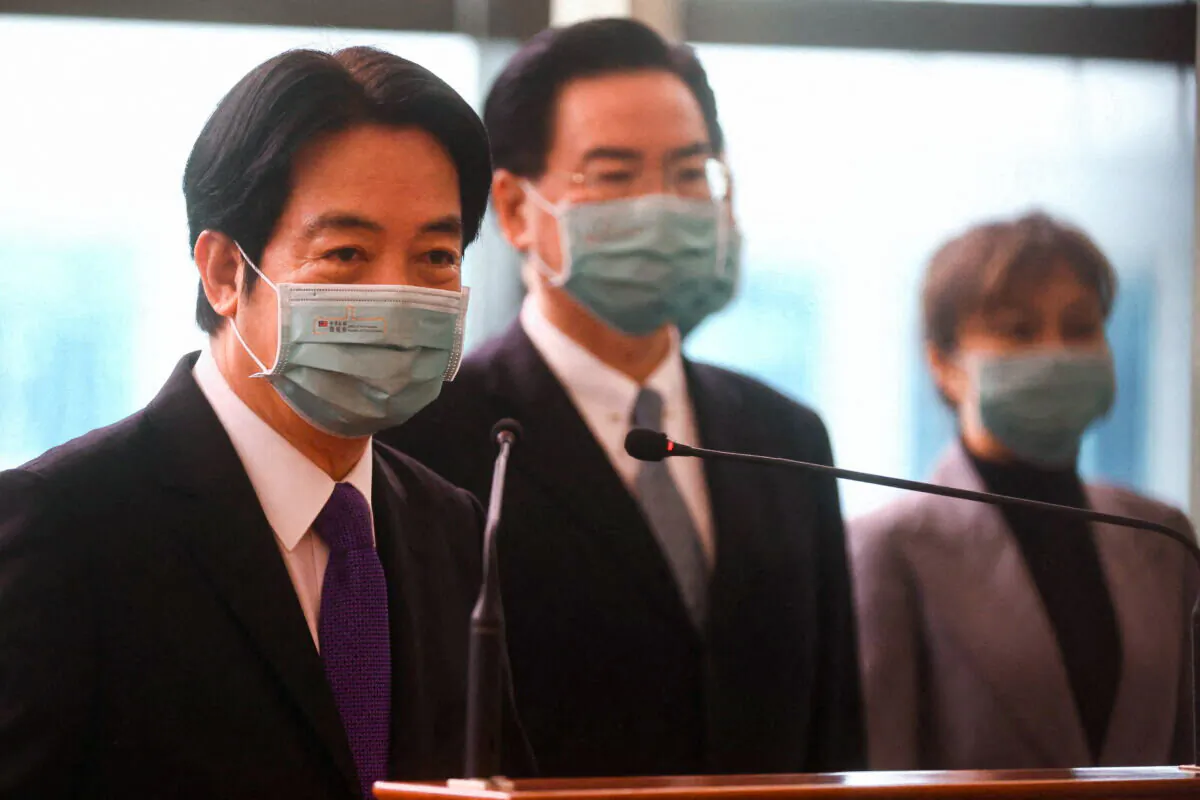 Taiwan Vice President William Lai speaks to the media at Taiwan Taoyuan International Airport in Taiwan on Jan. 25, 2022, before leaving for Honduras. (Ann Wang/Reuters)