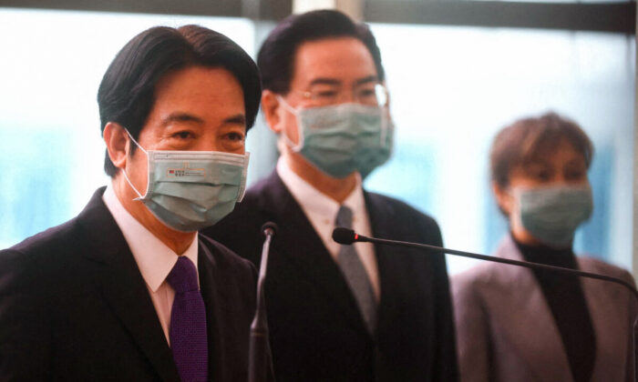 Taiwan Vice President William Lai speaks to the media at Taiwan Taoyuan International Airport in Taiwan on Jan. 25, 2022, before leaving for Honduras. (Ann Wang/Reuters)