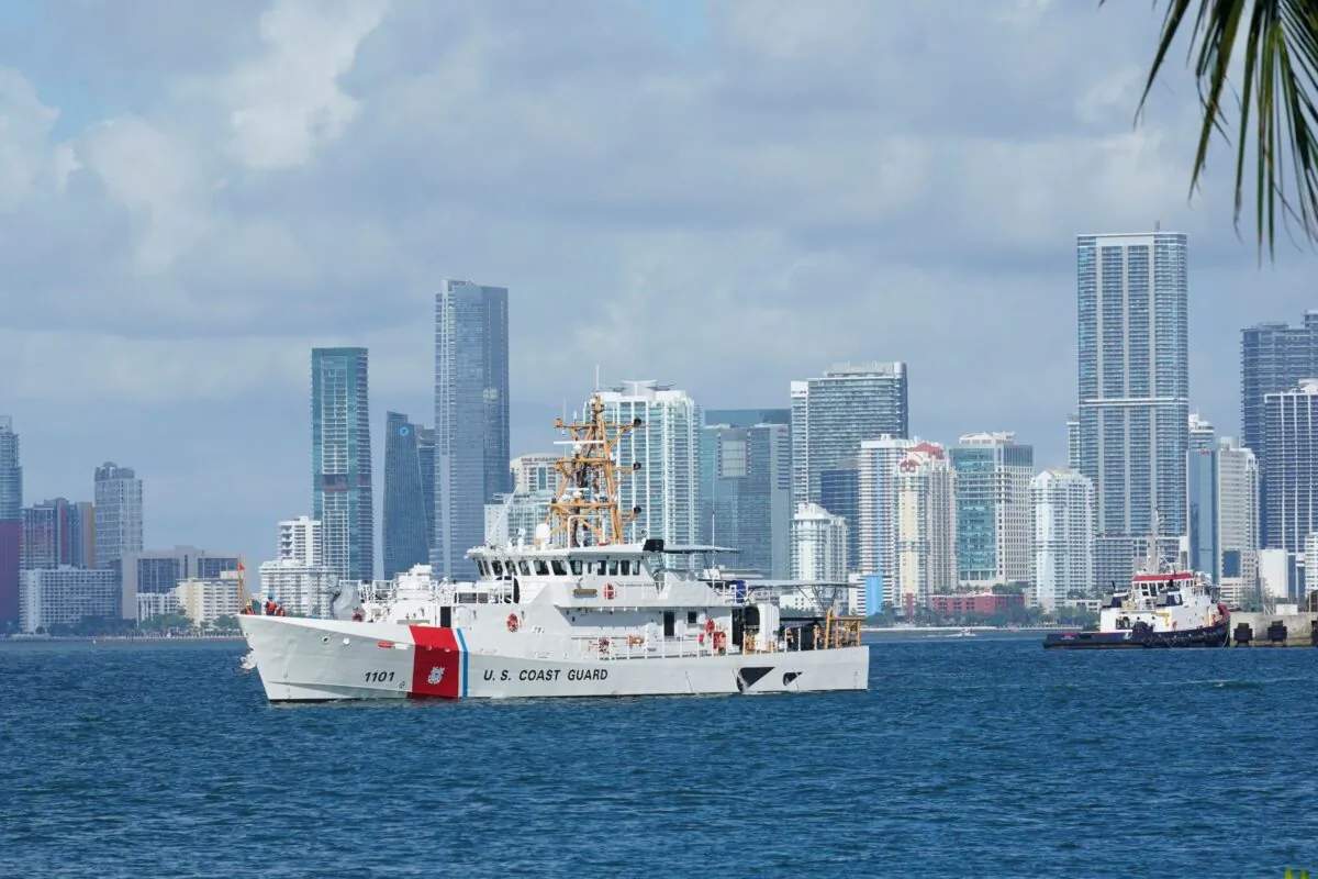 The U.S. Coast Guard ship Bernard C. Webber, leaves the coast guard base in Miami Beach, Fla., on July 19, 2021.  (Marta Lavandier/AP Photo)
