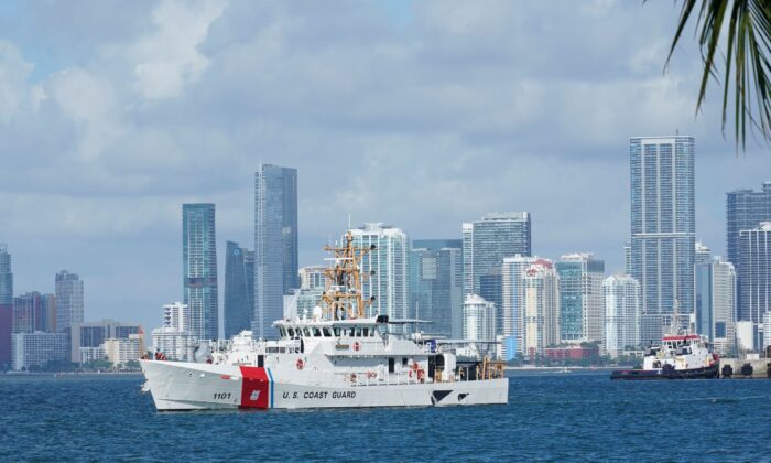 The U.S. Coast Guard ship Bernard C. Webber, leaves the coast guard base in Miami Beach, Fla., on July 19, 2021.  (Marta Lavandier/AP Photo)
