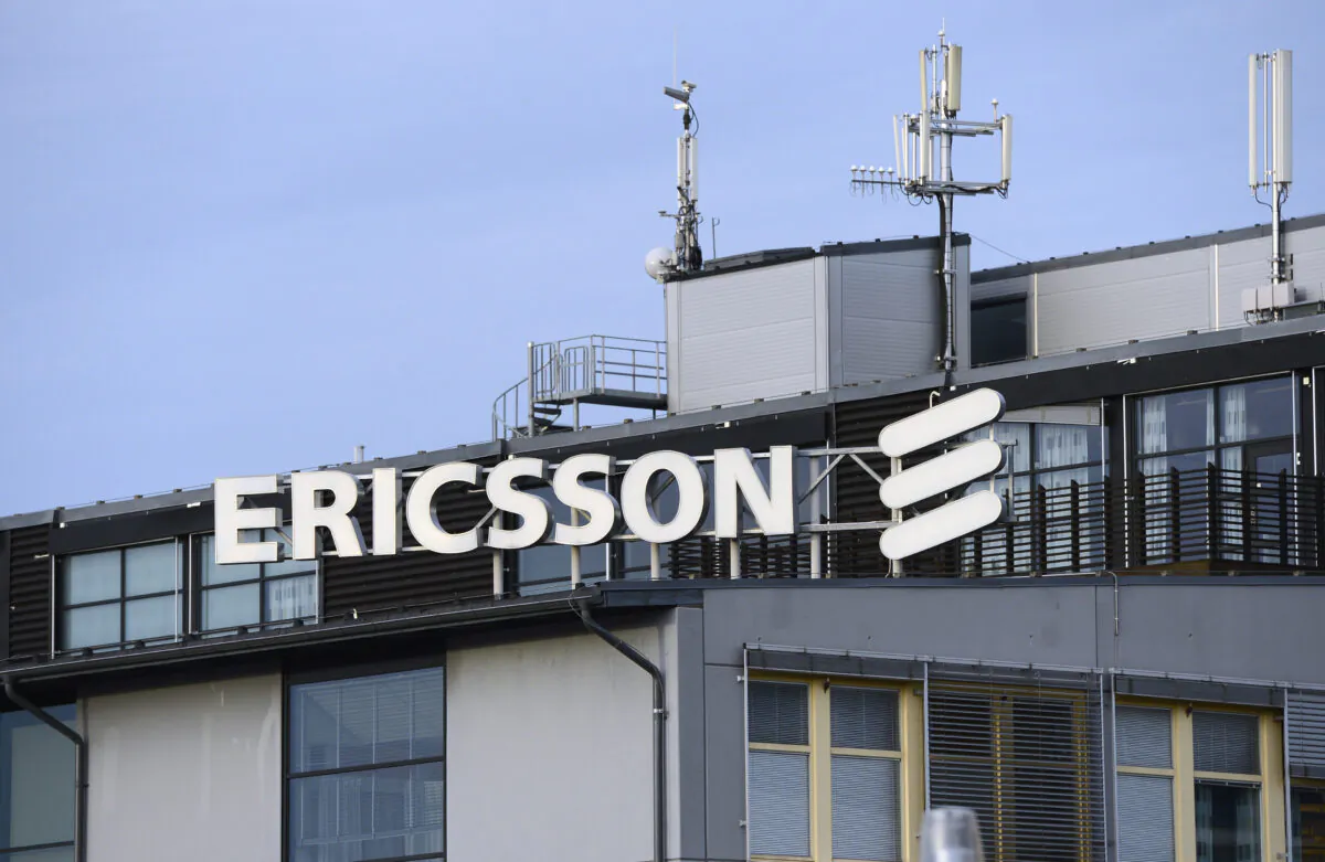 Swedish provider of telecommunications equipment and data communication systems giant Ericsson logo at the Ericsson headquarters in Stockholm's suburb of Kista, on Nov. 7, 2012. (Jonathan Nackstrand/AFP via Getty Images)