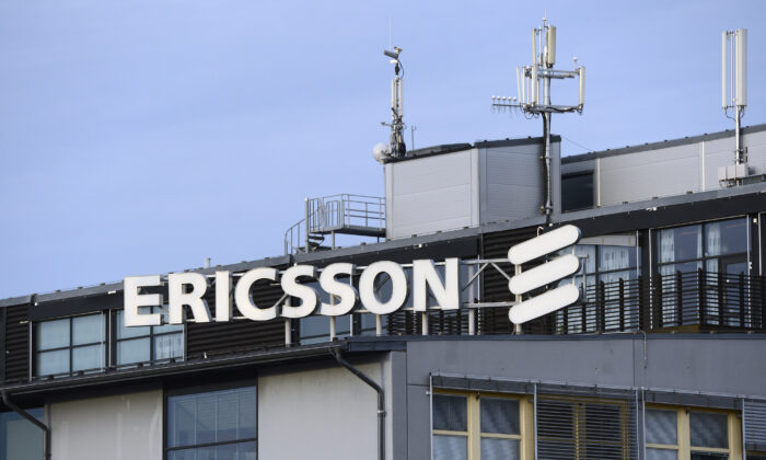 Swedish provider of telecommunications equipment and data communication systems giant Ericsson logo at the Ericsson headquarters in Stockholm's suburb of Kista, on Nov. 7, 2012. (Jonathan Nackstrand/AFP via Getty Images)