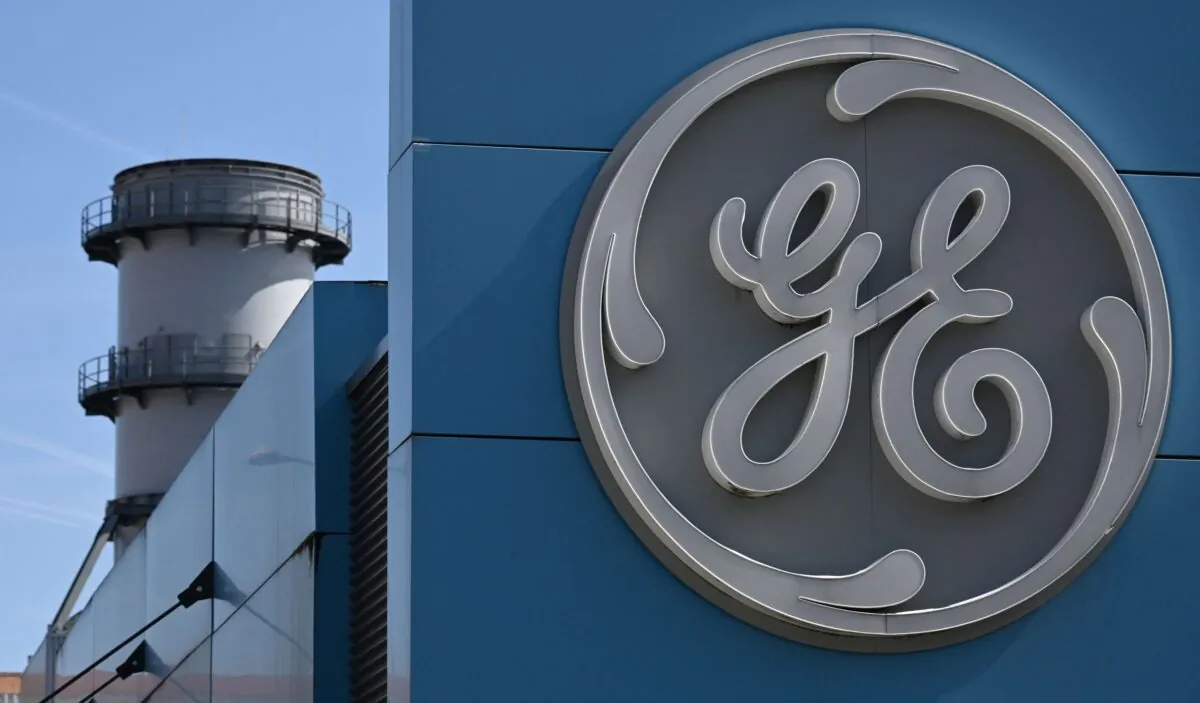 The logo of U.S. giant General Electric is pictured on the Belfort plant, in eastern France, on March 29, 2021. (Sebastien Bozon/AFP via Getty Images)