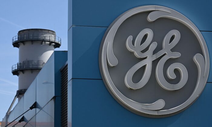 The logo of US giant General Electric is pictured on the Belfort plant, in eastern France, on March 29, 2021. (Sebastien Bozon/AFP via Getty Images)