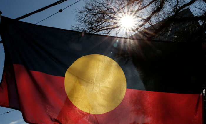 The Aboriginal Flag is seen flying during the NAIDOC March in Melbourne, Australia in July 2005. (Photo by Darrian Traynor/Getty Images)