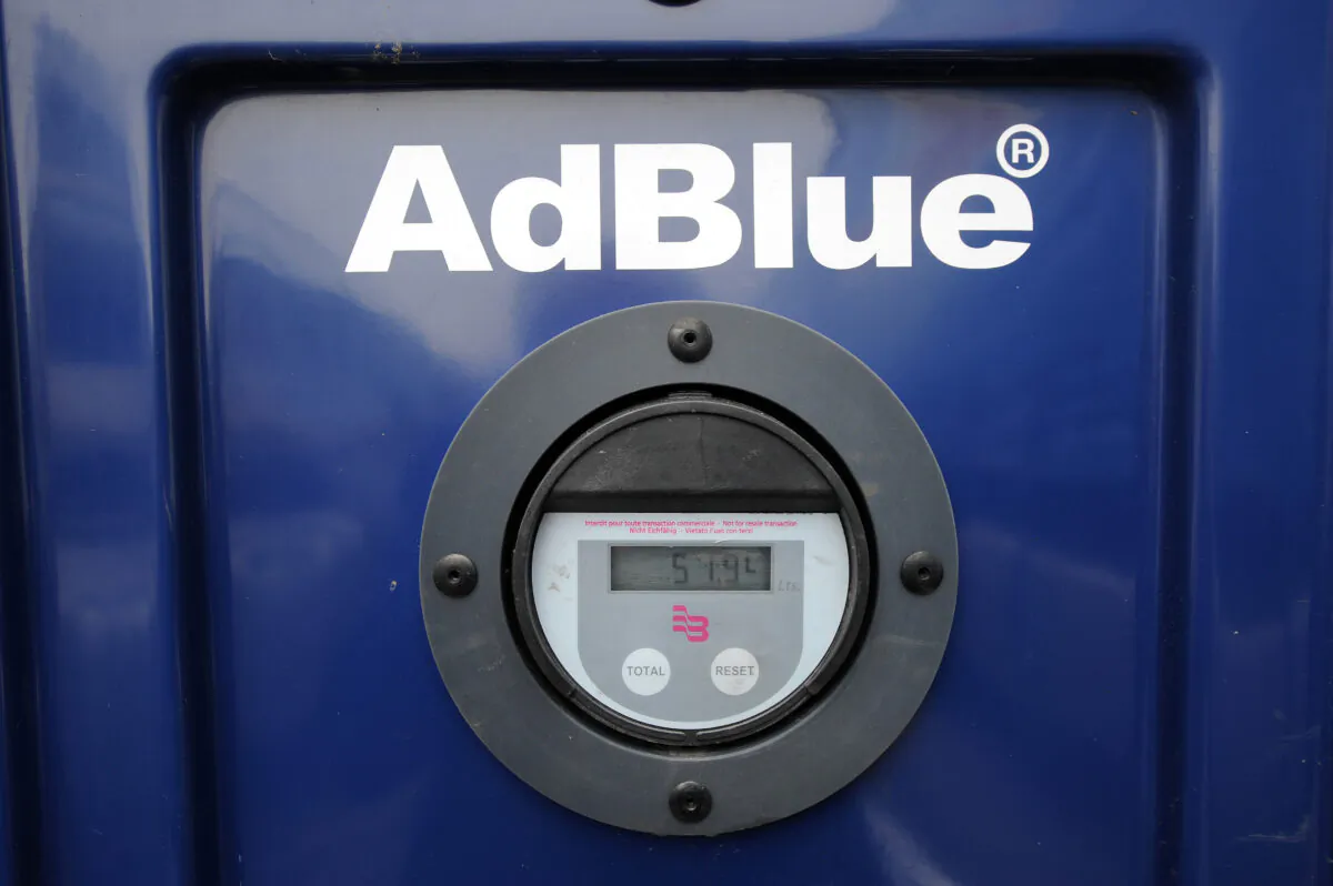 View of the "AdBlue" logo at the Transport Robineau company in Soulitre, western France, on March 12, 2013. (Jean-Francois Monier/AFP via Getty Images)