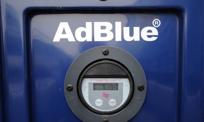 View of the "AdBlue" logo at the Transport Robineau company in Soulitre, western France, on March 12, 2013. (Jean-Francois Monier/AFP via Getty Images)