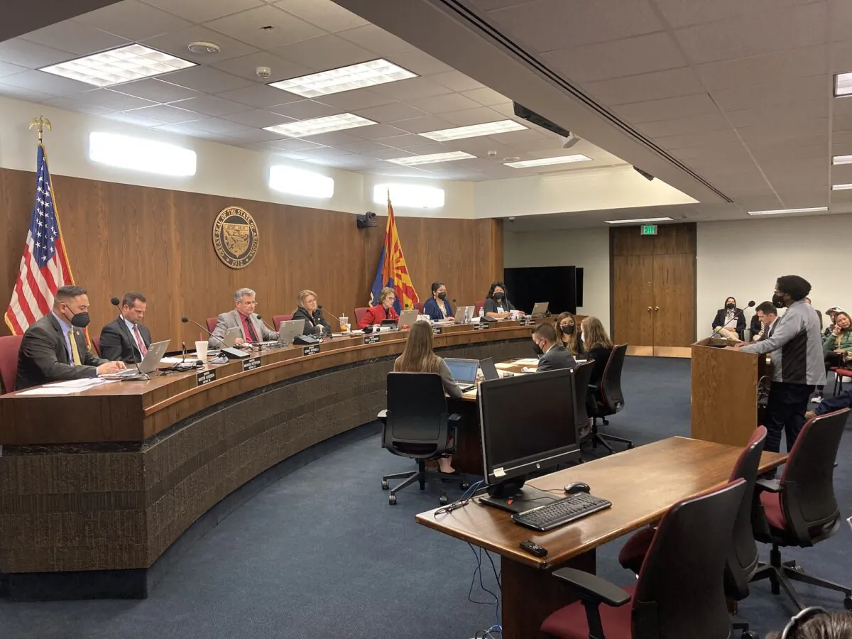 Arizona resident Dana Allmond speaks out against an election integrity bill regarding making electronic ballots public record at a hearing of the Arizona Senate Committee on Government in Phoenix on Jan. 24, 2022. (Allan Stein/The Epoch Times)