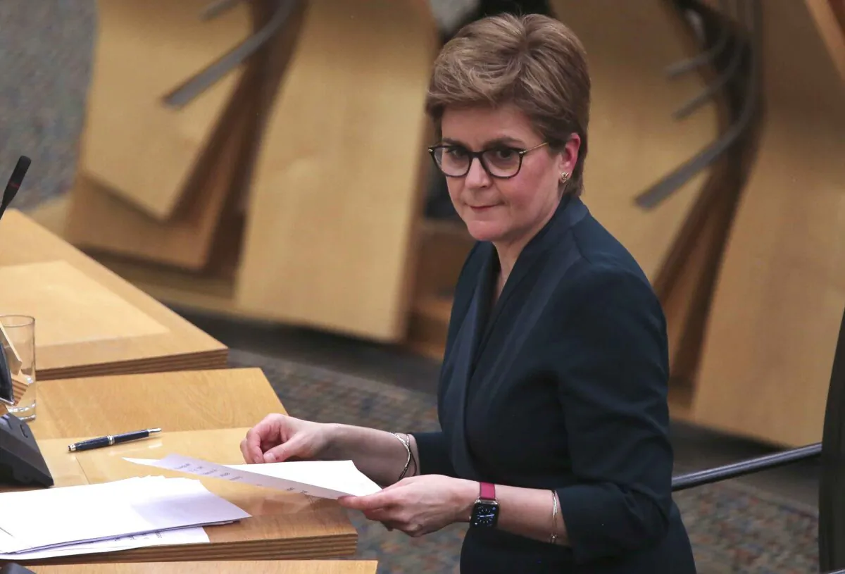 Scottish First Minister Nicola Sturgeon addresses the Scottish Parliament on changes to COVID-19 restrictions, in Edinburgh, Scotland, on Jan. 25, 2022. (Fraser Bremner - Pool/Getty Images)