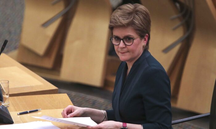Scottish First Minister Nicola Sturgeon addresses the Scottish Parliament on changes to COVID-19 restrictions, in Edinburgh, Scotland, on Jan. 25, 2022. (Fraser Bremner - Pool/Getty Images)