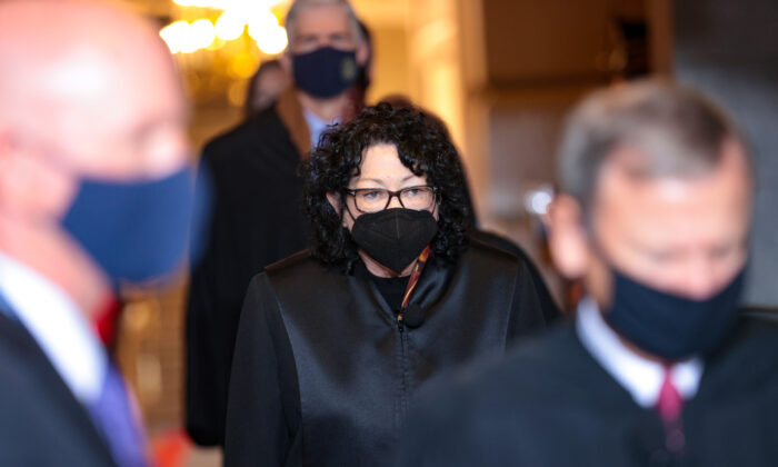 U.S. Supreme Court Associate Justice Sonia Sotomayor arrives to the inauguration of President Joe Biden in Washington on Jan. 20, 2022. (Win McNamee/Getty Images)