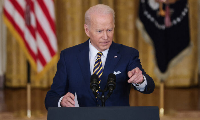 President Joe Biden speaks during a press conference in the East Room of the White House in Washington on Jan. 19, 2022. (Abaca Press)