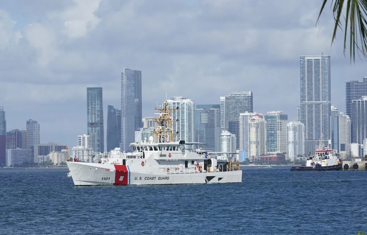 U.S. Coast Guard ship Bernard C. Webber leaves the coast guard base in Miami Beach, Fla., on July 19, 2021. (AP Photo/Marta Lavandier)