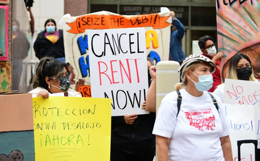 People gather to advocate for an extension of the COVID-19 tenant protections in Los Angeles on Sep. 27, 2021. (Frederic J. Brown/AFP via Getty Images)