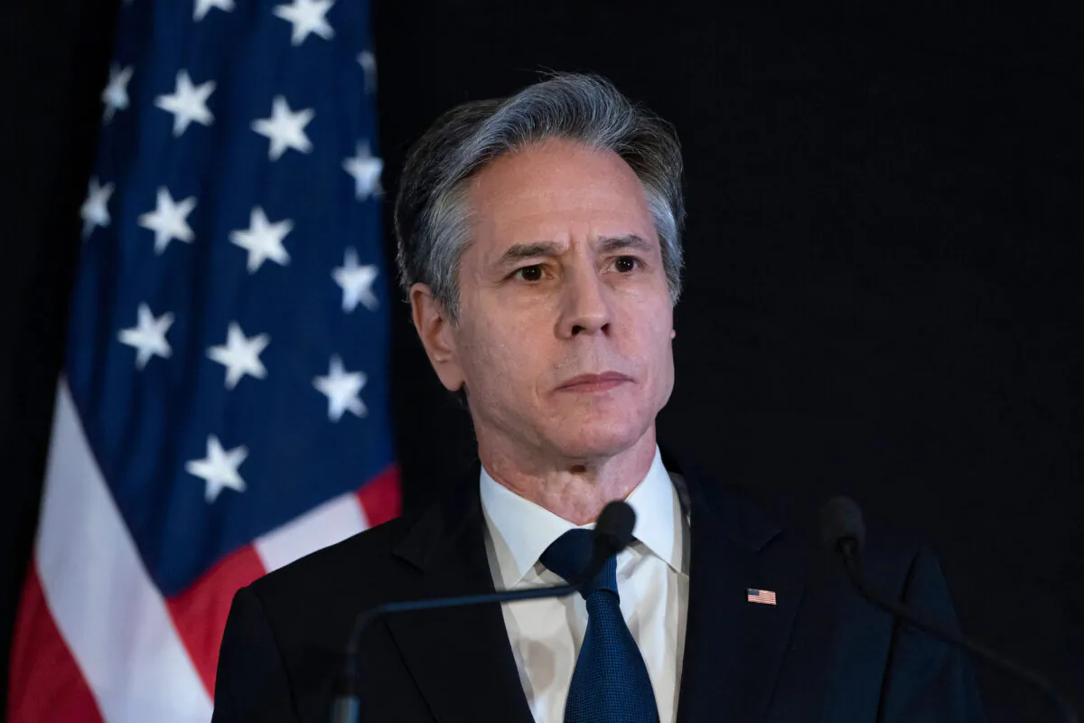 U.S. Secretary of State Antony Blinken looks on during a press conference in Geneva on Jan. 21, 2022. (Alex Brandon/AFP via Getty Images)