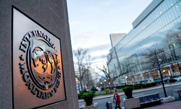 The seal for the International Monetary Fund is seen near the World Bank headquarters in Washington, on Jan. 10, 2022. (Stefani Reynolds/AFP via Getty Images)