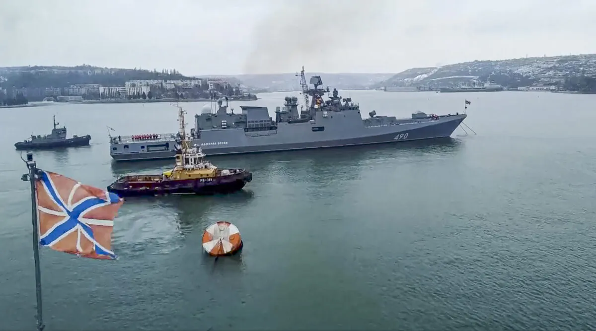 The Russian navy's frigate Admiral Essen prepares to sail off for an exercise in the Black Sea in this photo taken from video and released by the Russian Defense Ministry Press Service on Jan. 26, 2022. (Russian Defense Ministry Press Service via AP)
