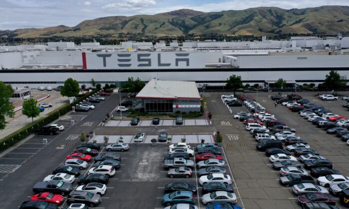 An aerial view of the Tesla Fremont Factory in Fremont, Calif., on May 13, 2020. (Justin Sullivan/Getty Images)