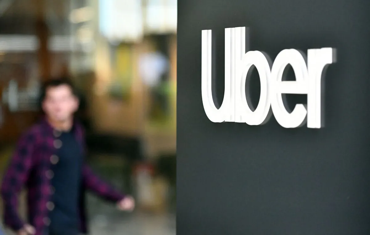 A sign outside Uber's headquarters in San Francisco on May 8, 2019. (Josh Edelson/AFP via Getty Images)