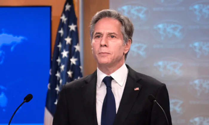 U.S. Secretary of State Antony Blinken speaks about Russia and Ukraine during a briefing at the State Department in Washington, on Jan. 26, 2022. (Brendan Smialowski/POOL/AFP via Getty Images)