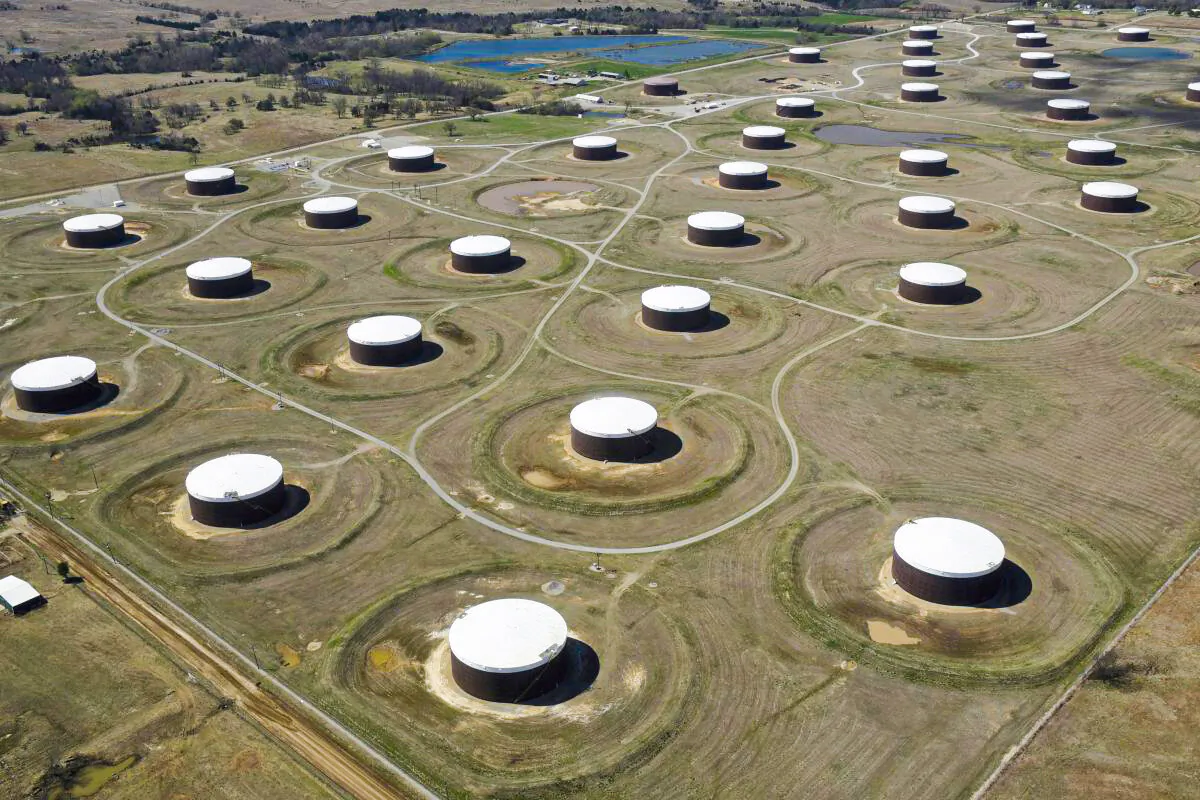 Crude oil storage tanks are seen from above at the oil hub, in Cushing, Okla., on March 24, 2016. (Nick Oxford/Reuters)