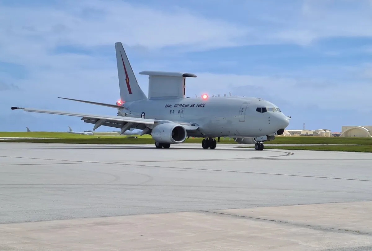 A Royal Australian Air Force E-7A Wedgetail aircraft from No. 2 Squadron taxiing at Andersen Air Force Base in Guam after returning from a mission providing battlespace management to coalition aircraft over the skies of the western Pacific Ocean during Exercise Cope North 2021. (Squadron Leader Lino Schewenke/ADF)