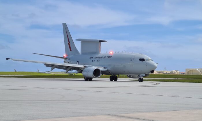 A Royal Australian Air Force E-7A Wedgetail aircraft from No. 2 Squadron taxiing at Andersen Air Force Base in Guam after returning from a mission providing battlespace management to coalition aircraft over the skies of the western Pacific Ocean during Exercise Cope North 2021. (Squadron Leader Lino Schewenke/ADF)