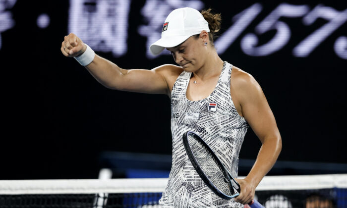 Ash Barty of Australia reacts after defeating Madison Keys of the United States in their semifinal match at the Australian Open tennis championships in Melbourne, Australia, on Jan. 27, 2022. (Hamish Blair/AP Photo)