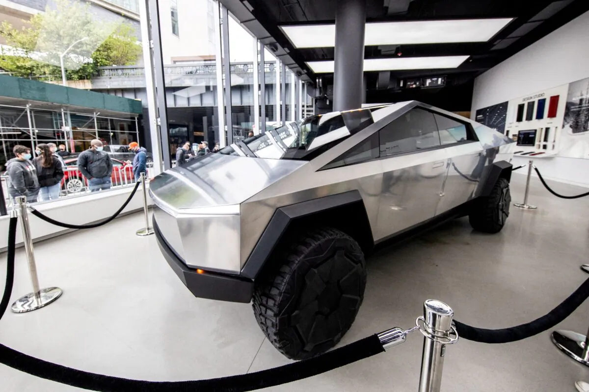 Tesla's Cybertruck is displayed at Manhattan's Meatpacking District in New York City, on May 8, 2021. (Jeenah Moon/Reuters)