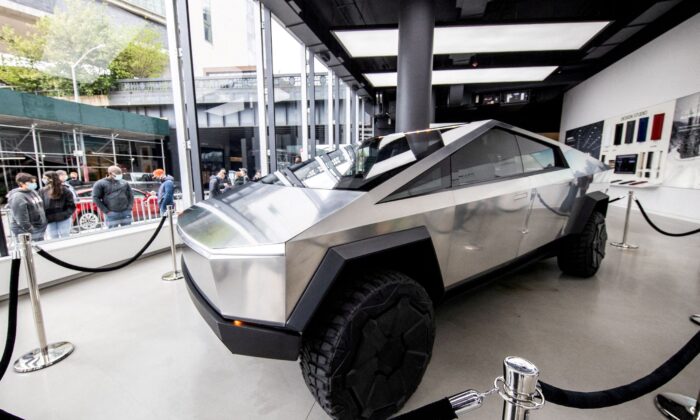 Tesla's Cybertruck is displayed at Manhattan's Meatpacking District in New York City, on May 8, 2021. (Jeenah Moon/Reuters)