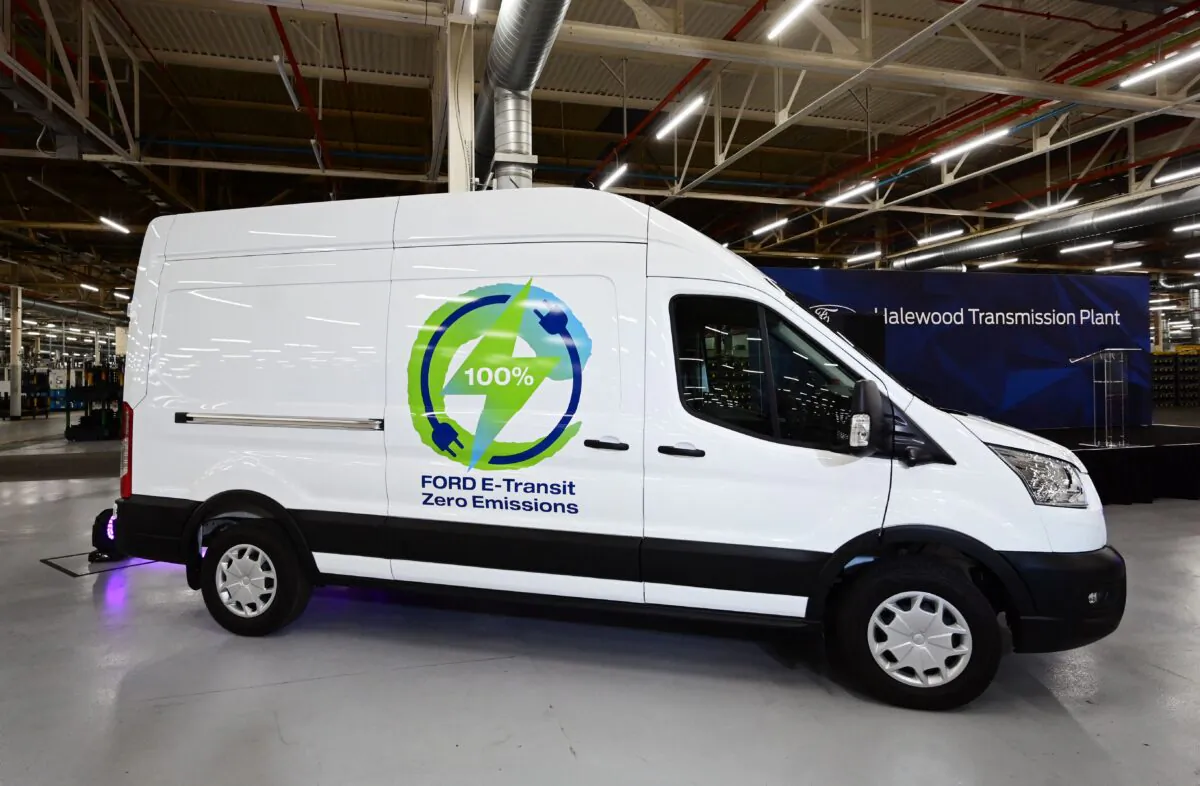 A Ford E-Transit van is seen on display at the Ford Halewood plant in Liverpool, North West England, on Oct. 18, 2021. (Paul Ellis/AFP via Getty Images)