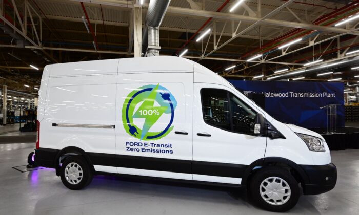 A Ford E-Transit van is seen on display at the Ford Halewood plant in Liverpool, North West England, on Oct. 18, 2021. (Paul Ellis/AFP via Getty Images)