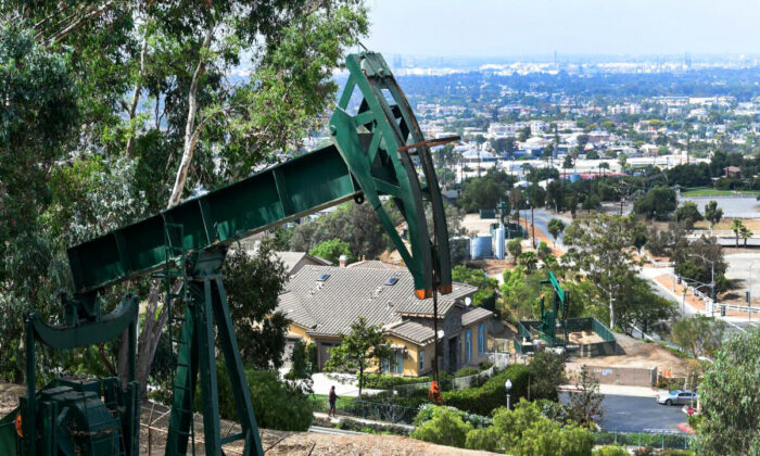 Pumpjacks in an oil well near Hilltop Park overlooking the city of Signal Hill, south of Los Angeles, on Sept. 25, 2019. (Frederic J. Brown/AFP via Getty Images)