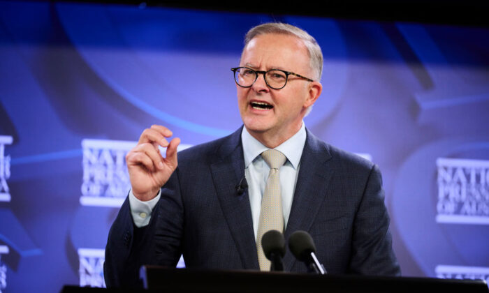 Federal Labor and Opposition Leader Anthony Albanese speaks at the National Press Club in Canberra, Australia, on Jan. 25, 2022. (Rohan Thomson/Getty Images)