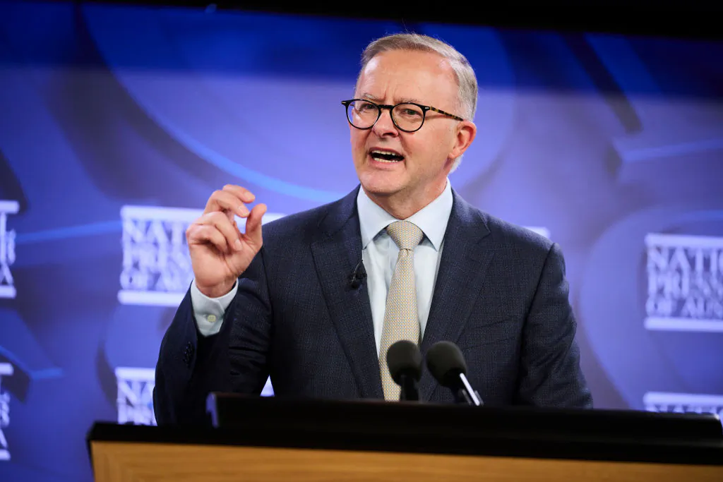 Federal Labor and Opposition Leader Anthony Albanese speaks at the National Press Club in Canberra, Australia, on Jan. 25, 2022. (Rohan Thomson/Getty Images)