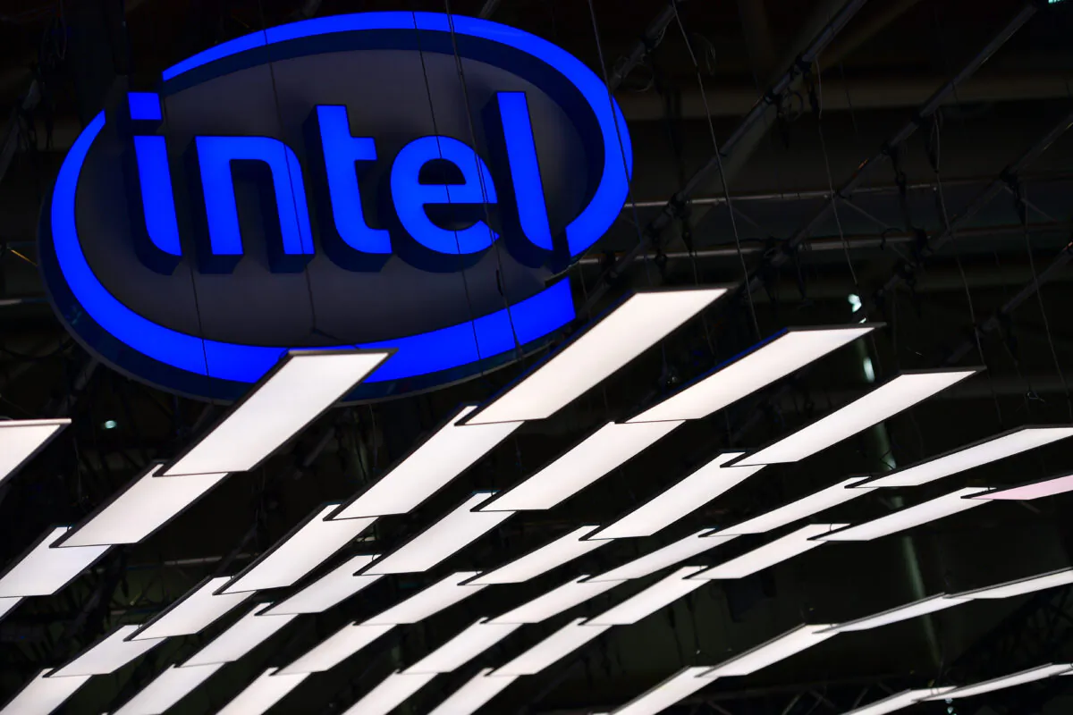 The Intel logo at the Intel stand at the 2018 CeBIT technology trade fair in Hanover, Germany, on June 12, 2018. (Alexander Koerner/Getty Images)