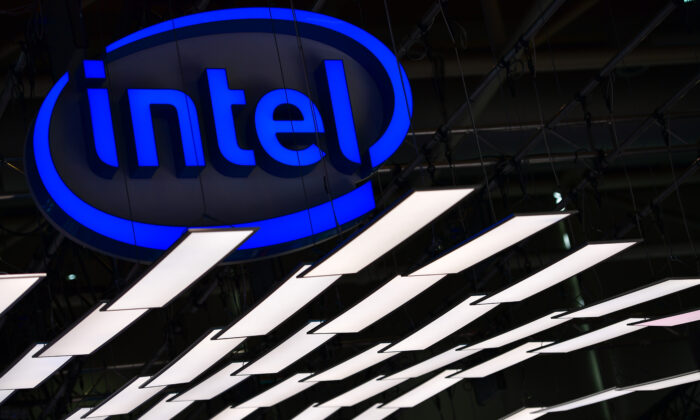 The Intel logo at the Intel stand at the 2018 CeBIT technology trade fair in Hanover, Germany, on June 12, 2018. (Alexander Koerner/Getty Images)