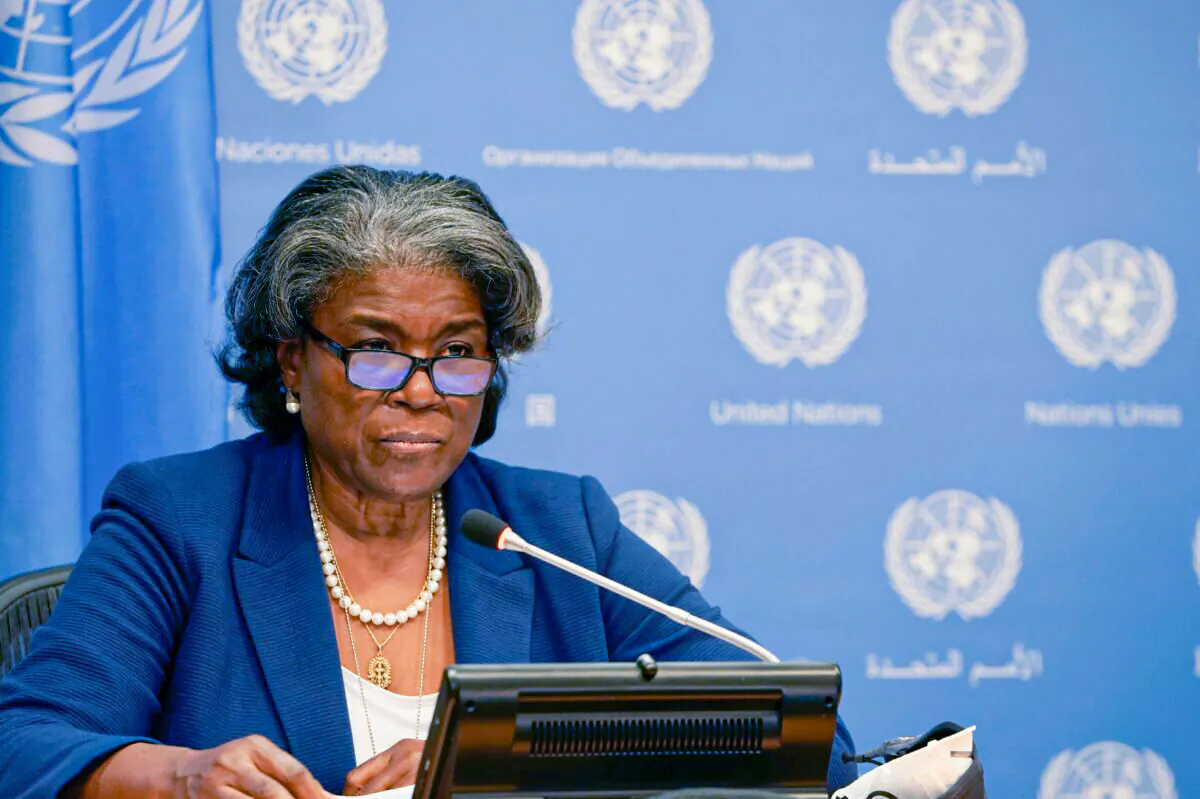 U.S. ambassador to the United Nations, Linda Thomas-Greenfield, speaks during a press conference at the U.N. Headquarters in New York on March 1, 2021. (Timothy A. Clary/AFP via Getty Images)