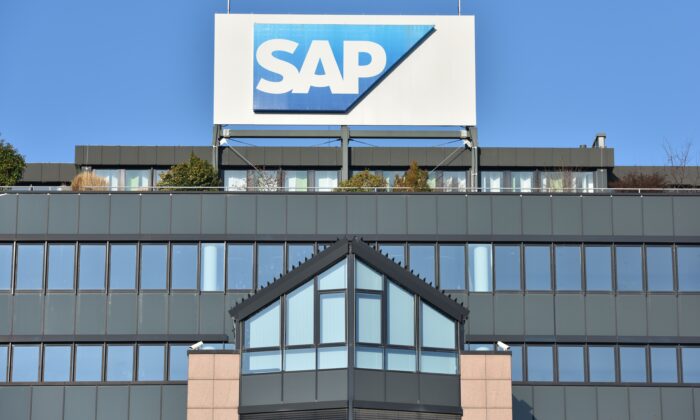 The logo of German software giant SAP seen at the company's headquarters in Walldorf, southwestern Germany, on Jan. 18, 2016. (Uwe Anspach/DPA/AFP via Getty Images)