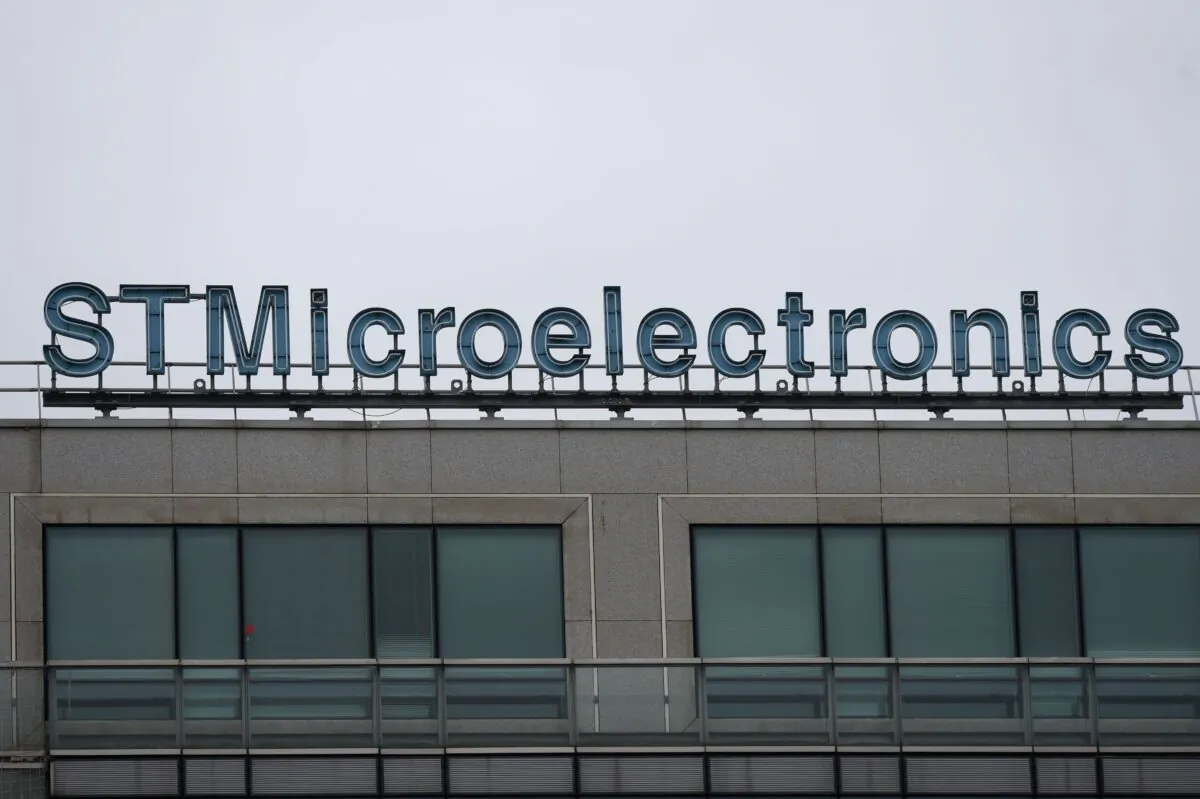 The sign posting on the STMicroelectronics headquarters in Paris on Oct. 9, 2017. (Eric Piermont/AFP via Getty Images)